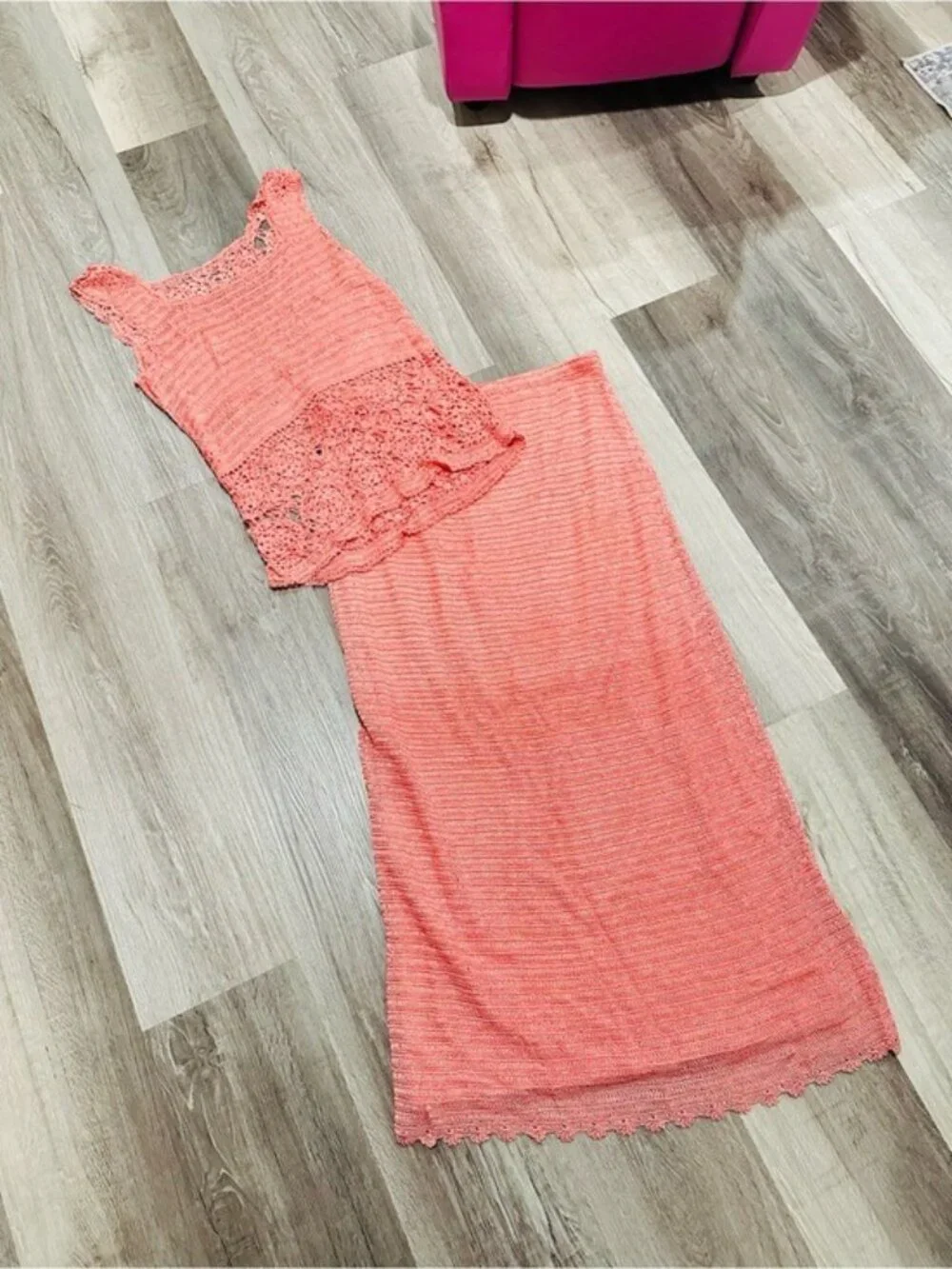 Mix Nouveau Apricot Coral Crochet Knit Maxi Skirt Set Boho Coastal Size L